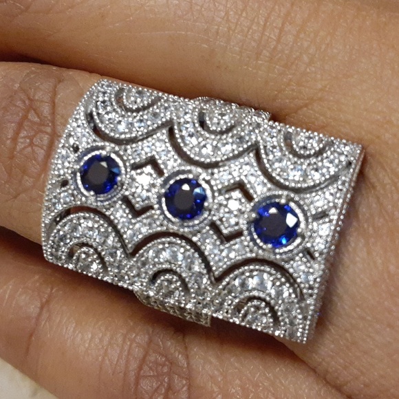 925, 2.48ctw Genuine Blue Sapphire & White Topaz Ring. FIRM. - Picture 3 of 17